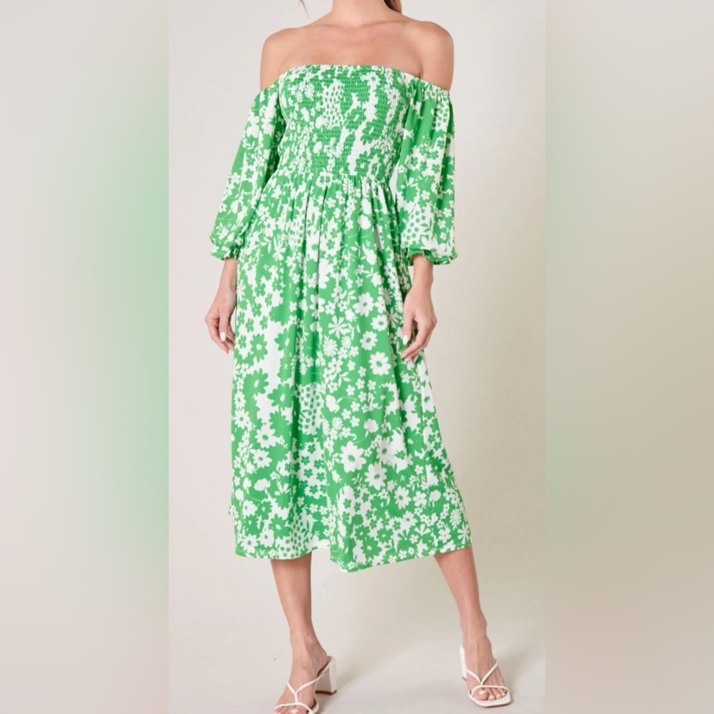 Sugarlips Kennedy Floral Denni Smocked Midi Dress Small Green Sleeves Retro - Picture 7 of 8